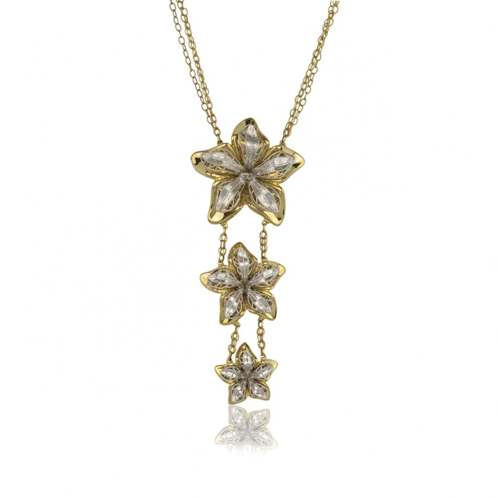 Flowers Necklace in Yellow and White Gold with Chain 18kt
