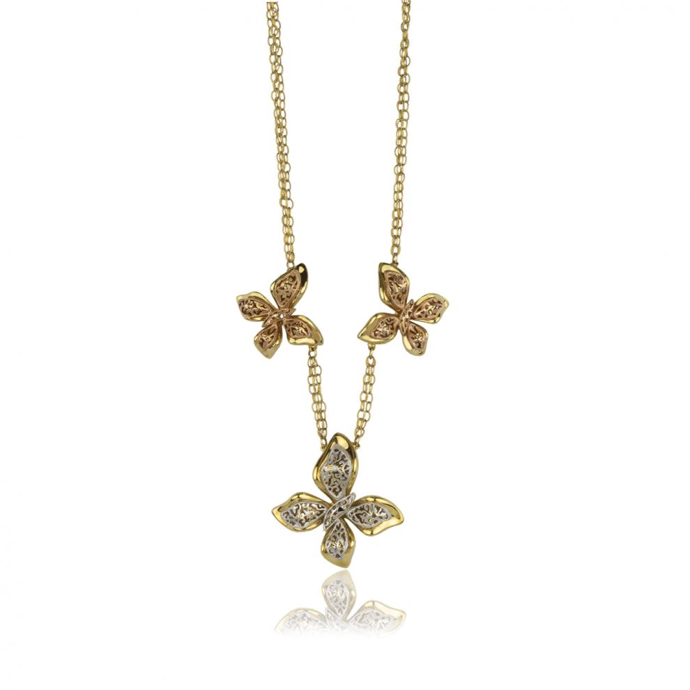 Butterflies Necklace in Yellow, Rose and White Gold 18kt with Chain