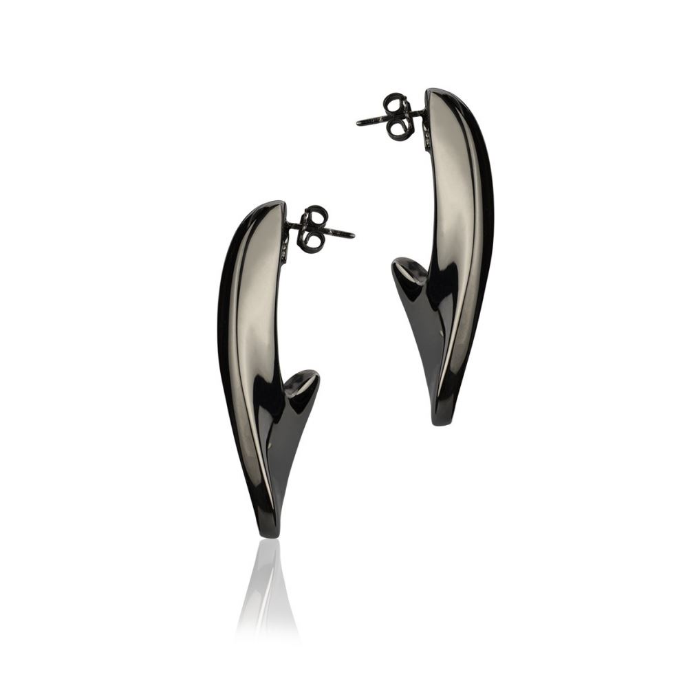Large Curved Ruthenium Silver Earrings