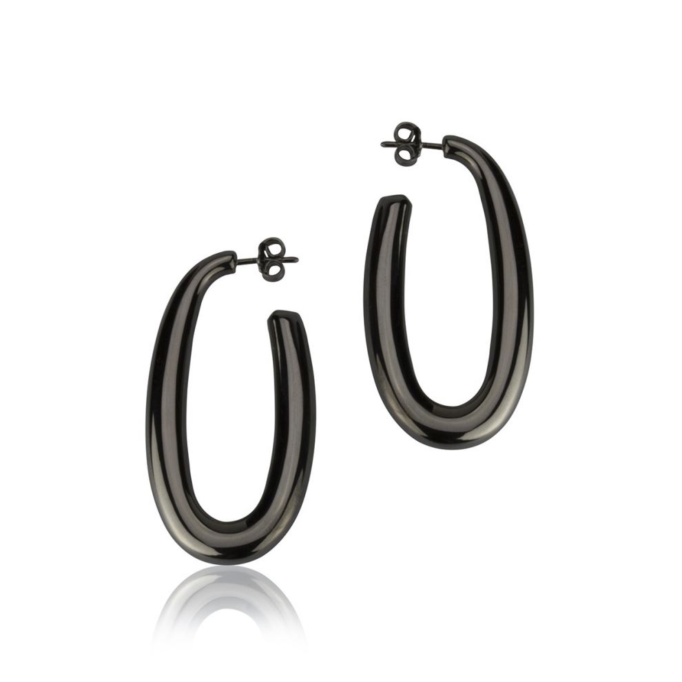 Round Section Ruthenium Silver Oval Earrings