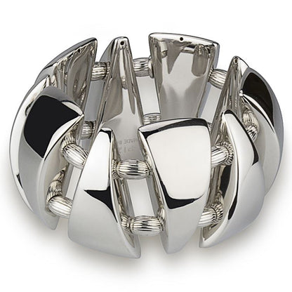 Stretch silver bracelet with shiny triangles and striped spheres