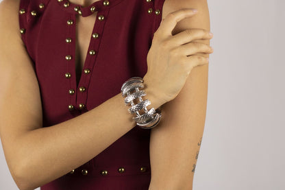 Hand-engraved rectangle stretch silver bracelet