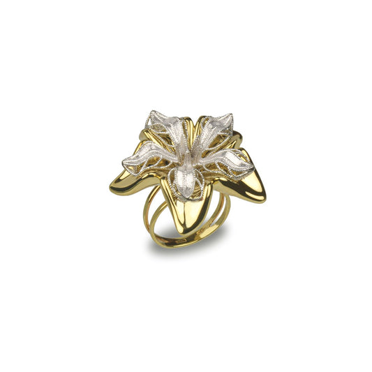 Anello fiore in oro giallo e bianco 18 k grande