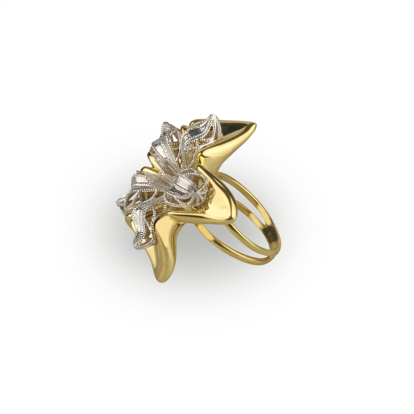 Anello fiore in oro giallo e bianco 18 k grande