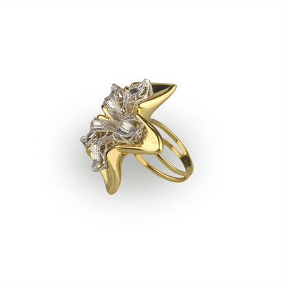 Anello fiore in oro giallo e bianco 18 k grande