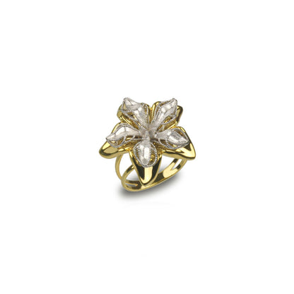 Anello fiore in oro giallo e bianco 18 k grande