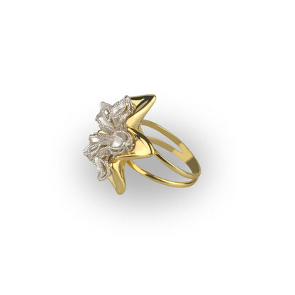 Anello fiore in oro giallo e bianco 18 k grande