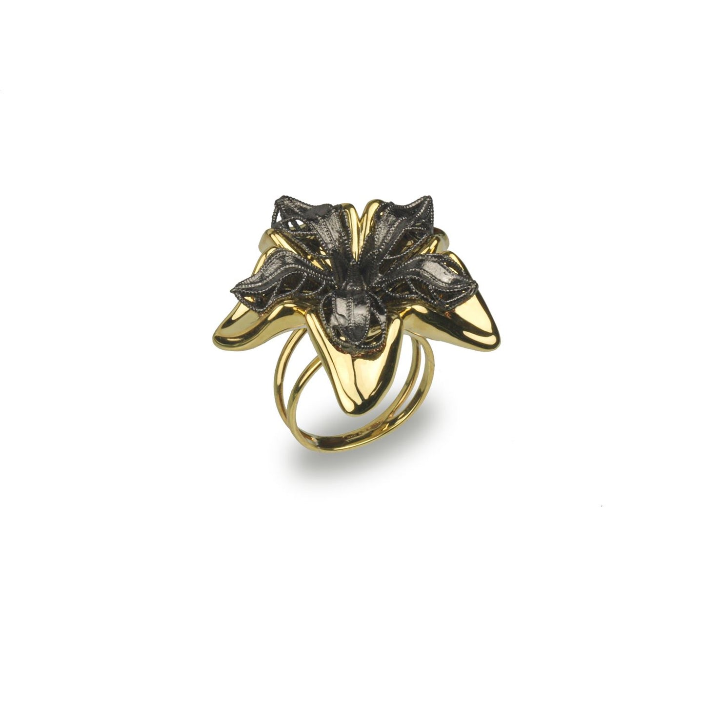 Anello fiore in oro giallo e brunito 18 k grande