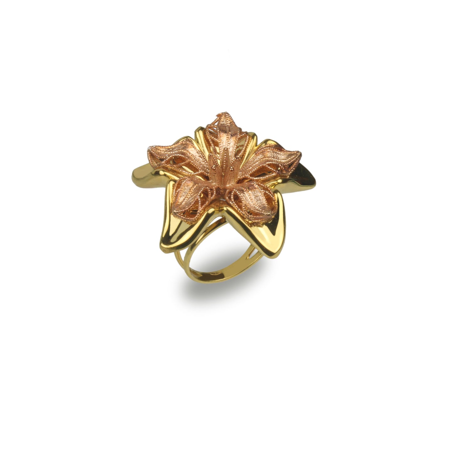Anello fiore in oro giallo e rosa 18 k grande