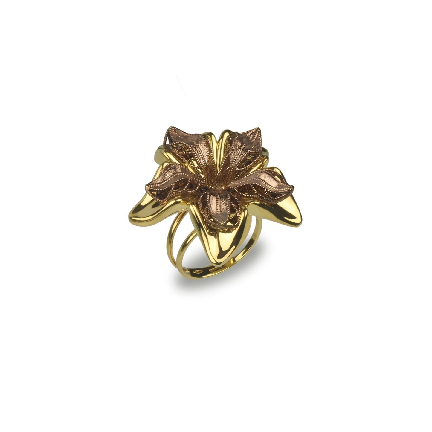 Anello fiore in oro giallo e cioccolato 18k grande