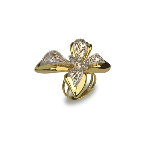 Anello farfalla in oro giallo e oro bianco 18k grande
