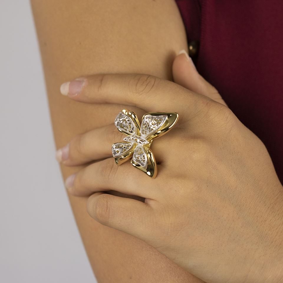 Großer Schmetterlingsring aus 18-karätigem Gelb- und Weißgold