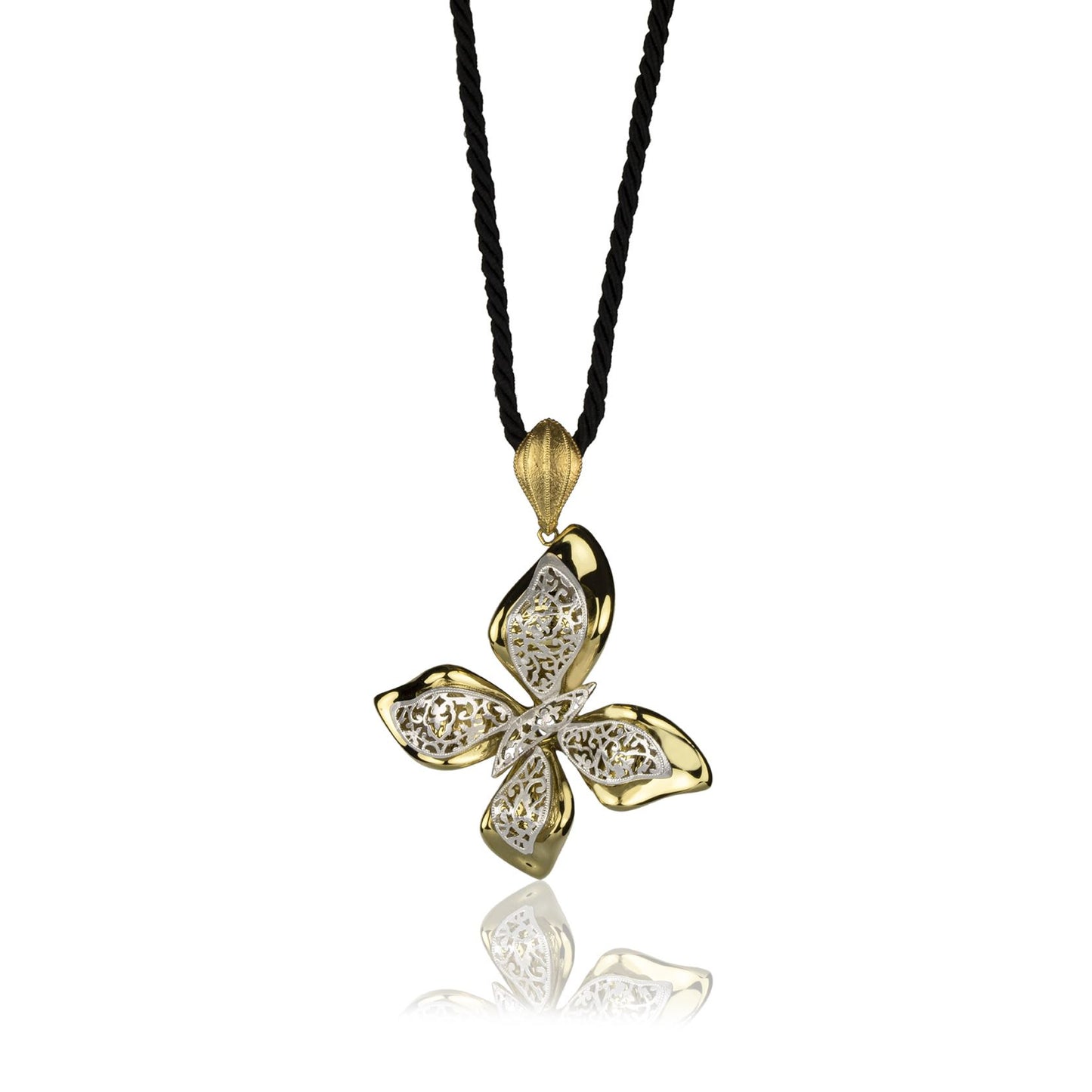 Collana farfalla in oro giallo e oro bianco 18k grande