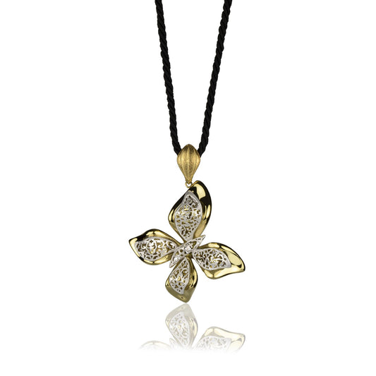 Collana farfalla in oro giallo e oro bianco 18k grande