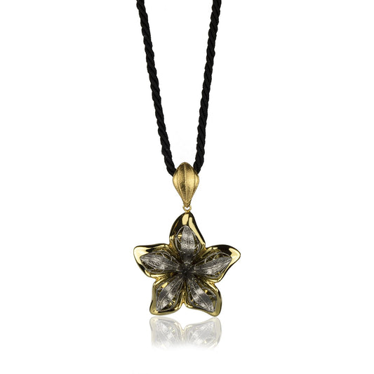 Collana fiore in oro giallo e oro  brunito 18k grande