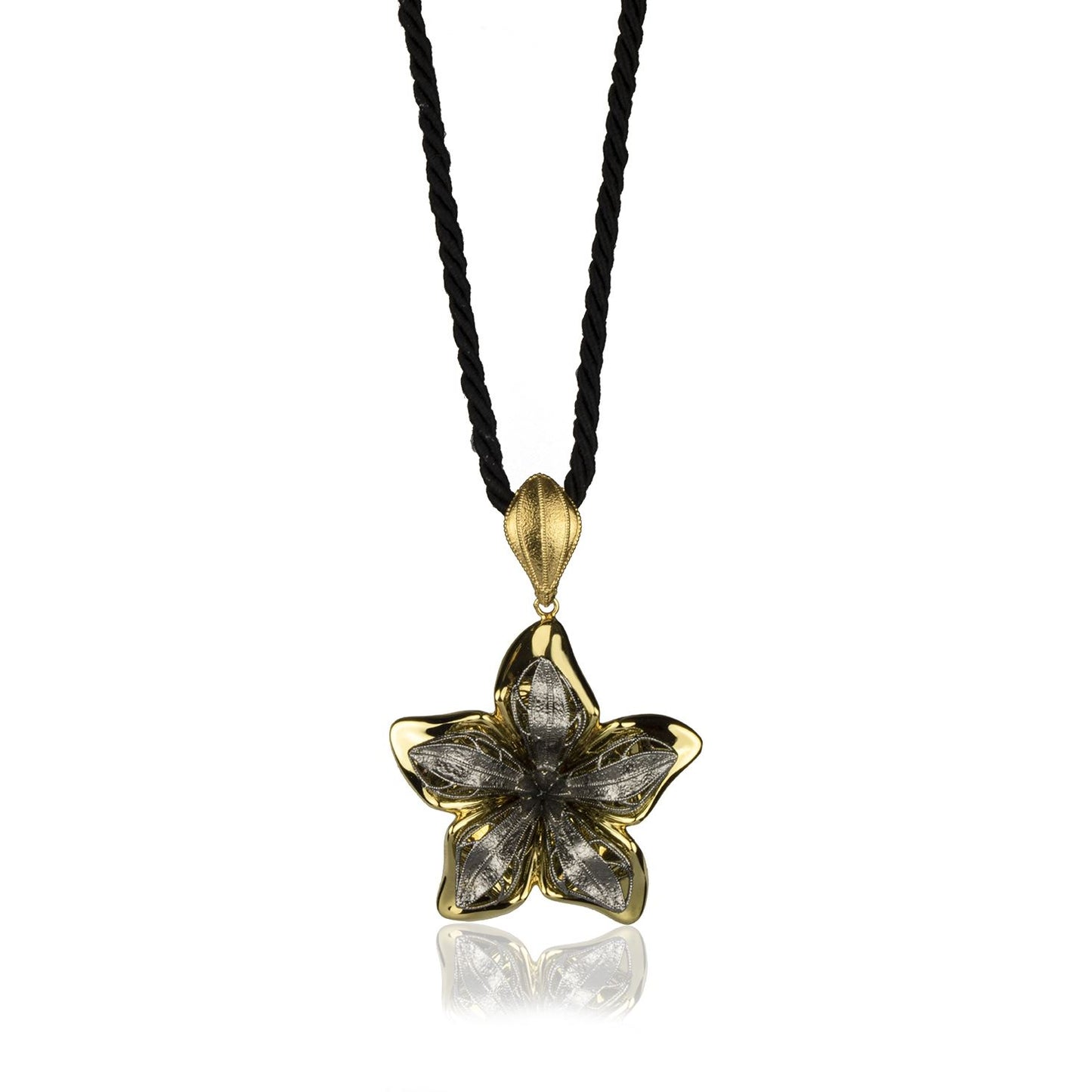 Collana fiore in oro giallo e oro  brunito 18k grande