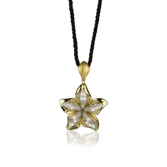 Collana fiore in oro giallo e oro bianco 18k grande