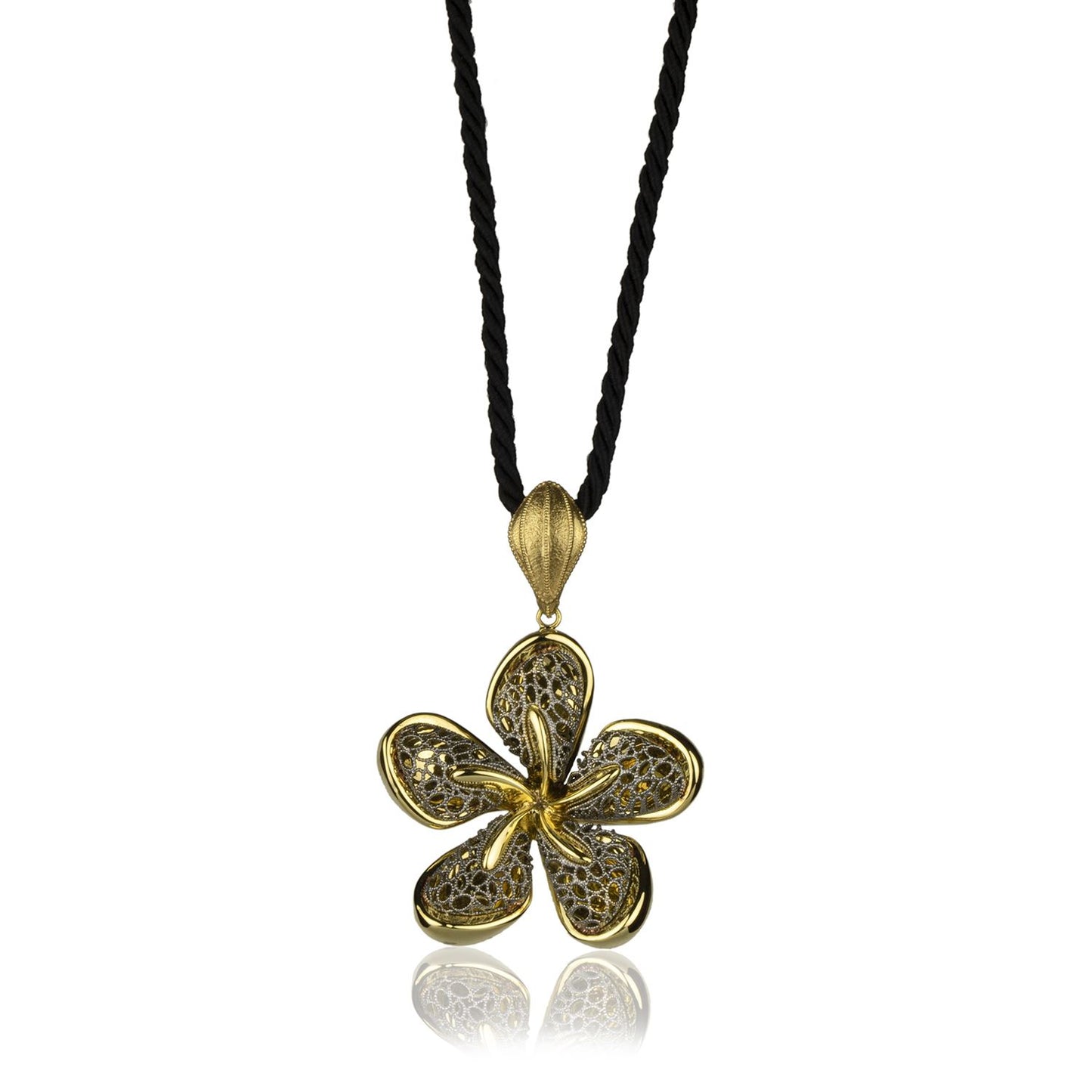 Collana fiore in oro giallo e oro brunito 18k grande