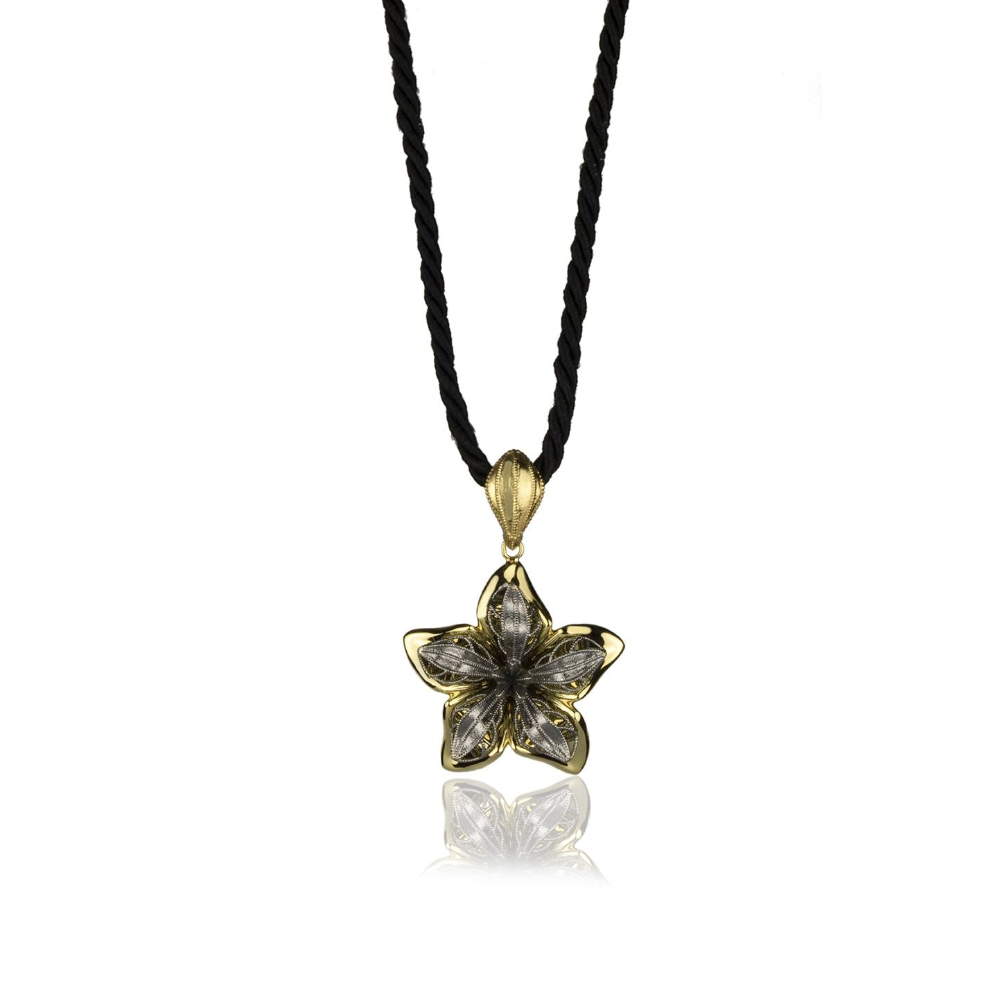 18k yellow gold and burnished gold flower necklace
