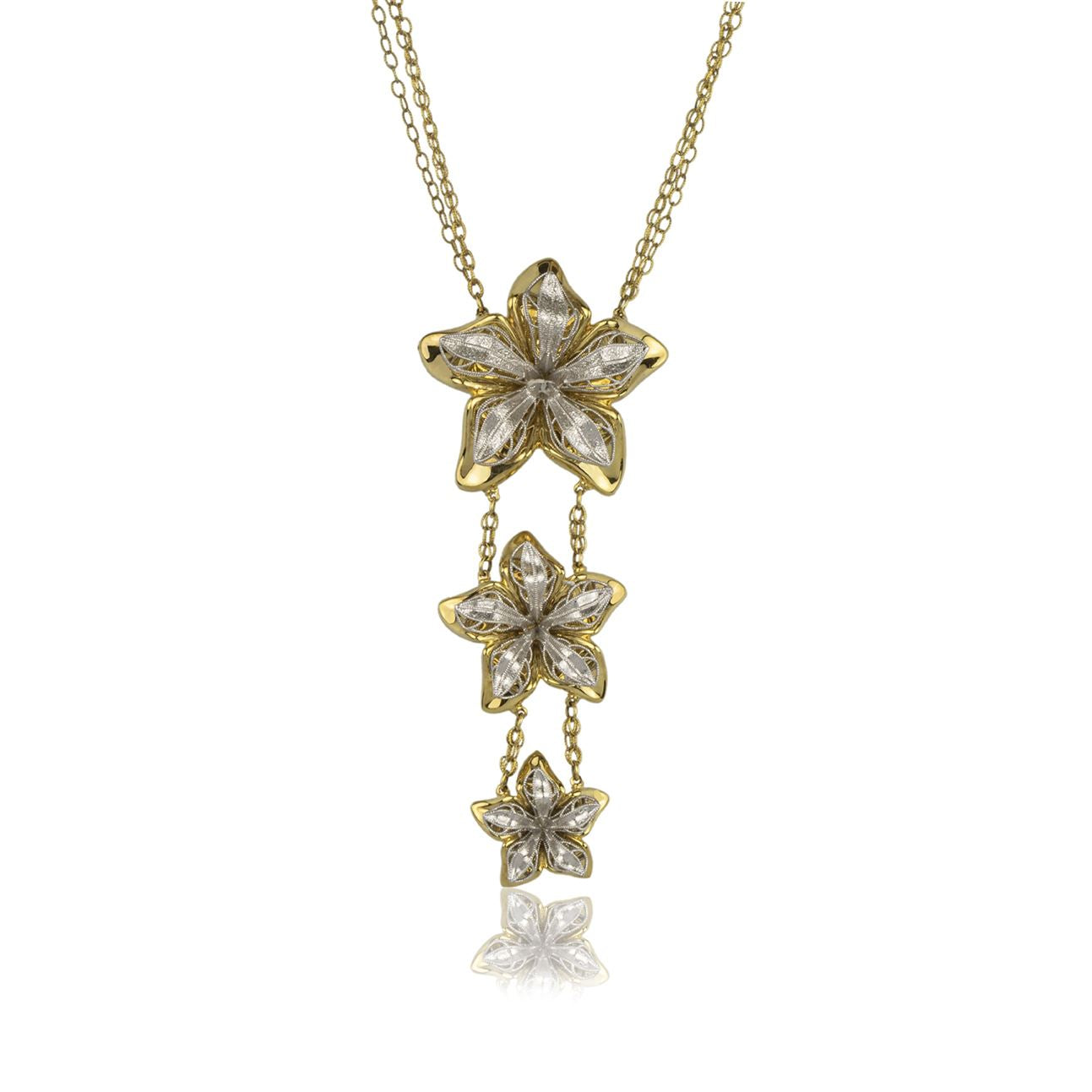 Collana fiori in oro giallo e oro bianco con catena in oro 18k