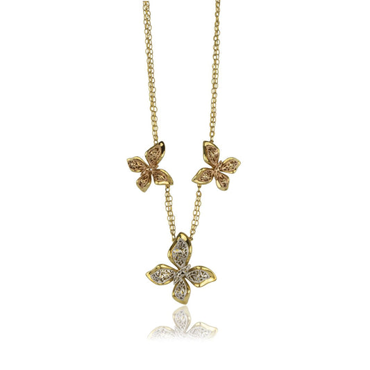 Collana farfalle in oro giallo rosa e bianco con catena in oro 18k