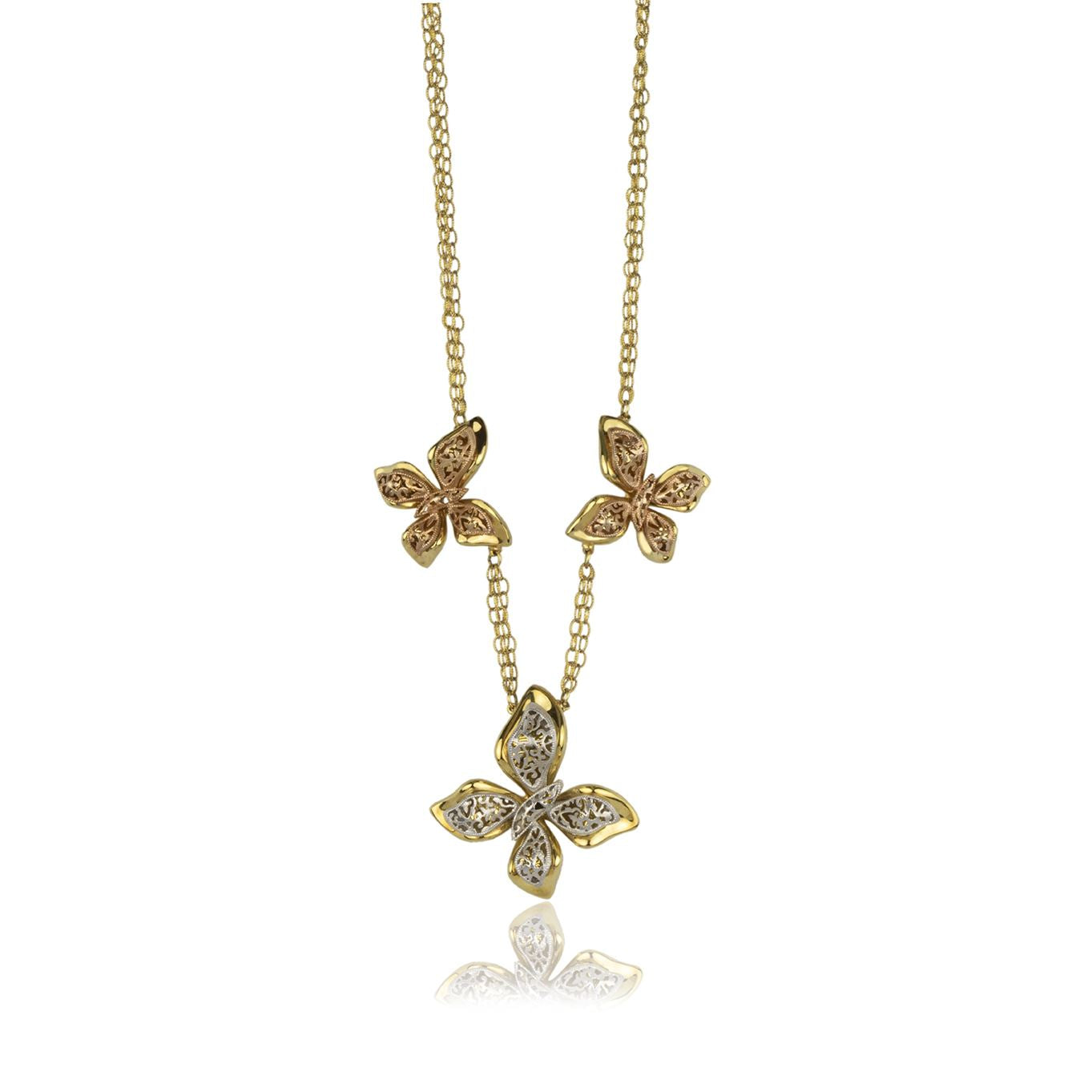 Collana farfalle in oro giallo rosa e bianco con catena in oro 18k