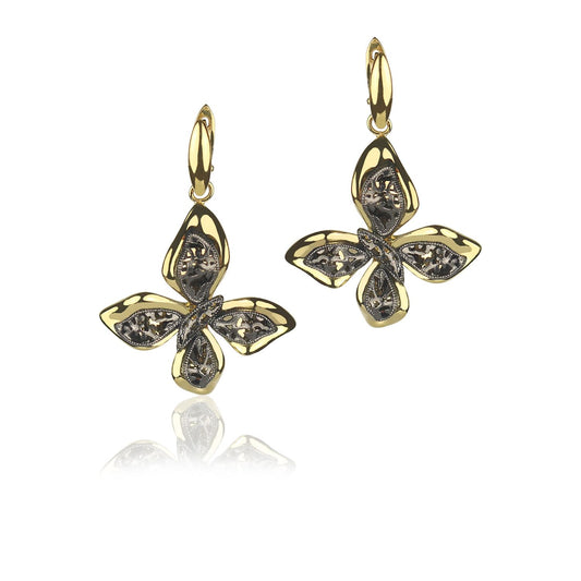Orecchini farfalla in oro giallo e brunito 18k a clip