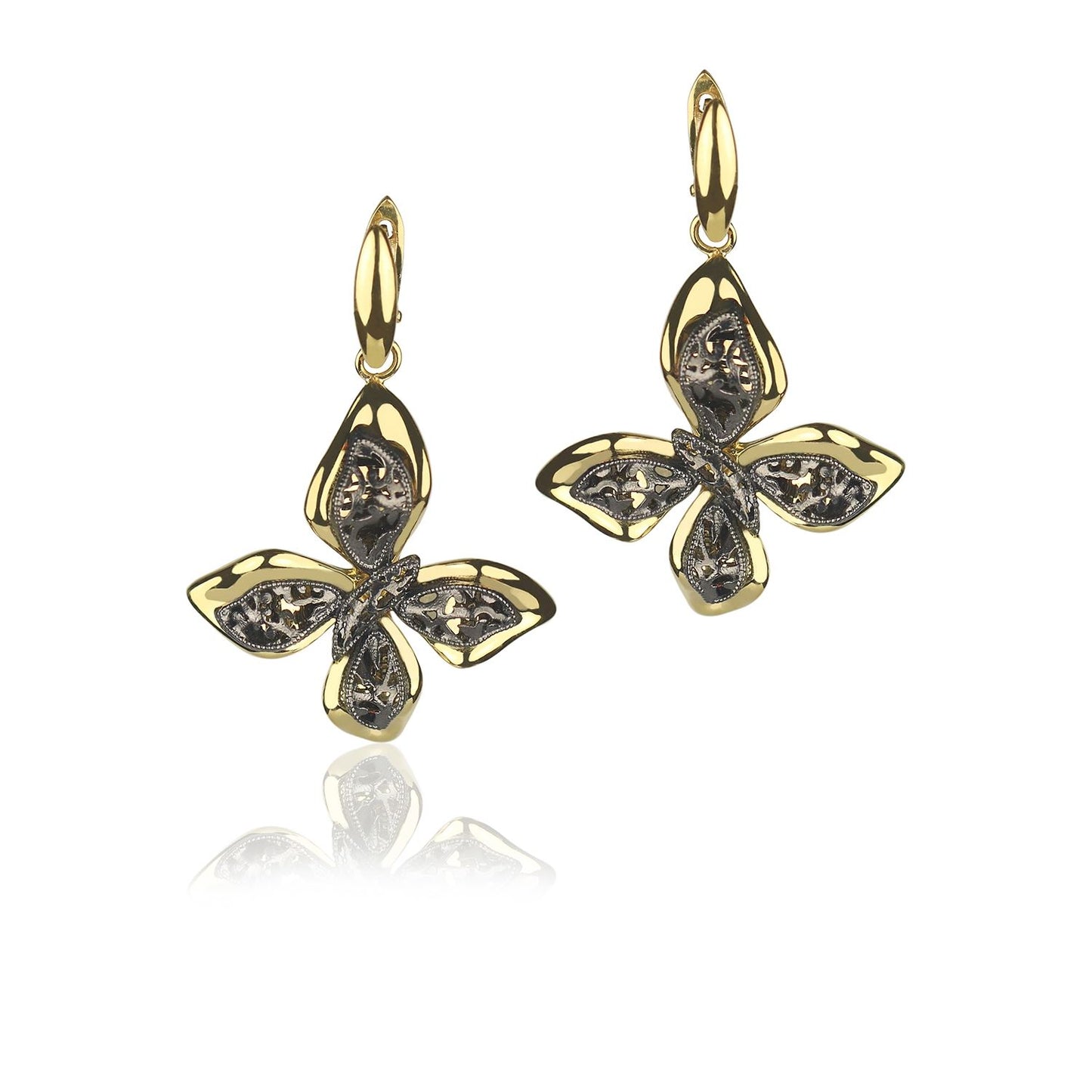 Orecchini farfalla in oro giallo e brunito 18k a clip