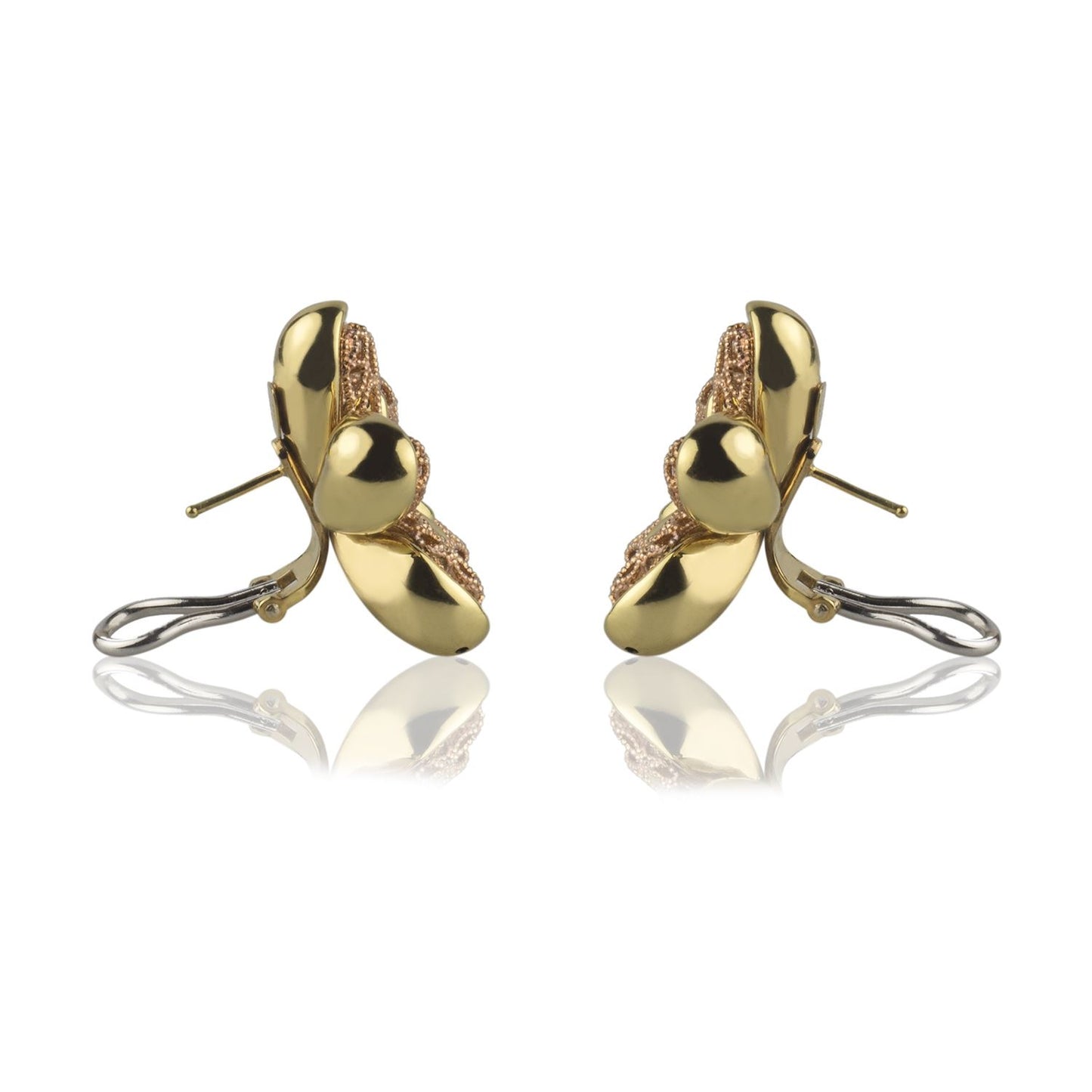 Orecchini fiore in oro giallo e rosa 18k con chiusura a clip