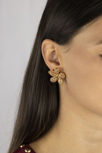 Orecchini fiore in oro giallo e rosa 18k con chiusura a clip