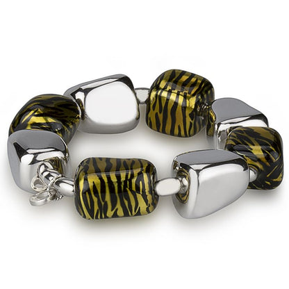 Stretch silver bracelet with nuggets and tiger-print enamel