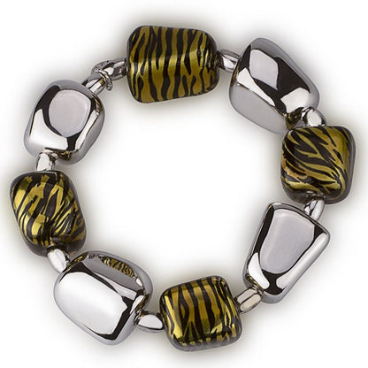 Stretch silver bracelet with nuggets and tiger-print enamel