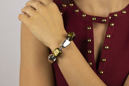 Stretch silver bracelet with nuggets and tiger-print enamel