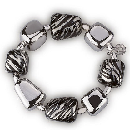 Stretch silver bracelet with zebra-effect enamel nuggets