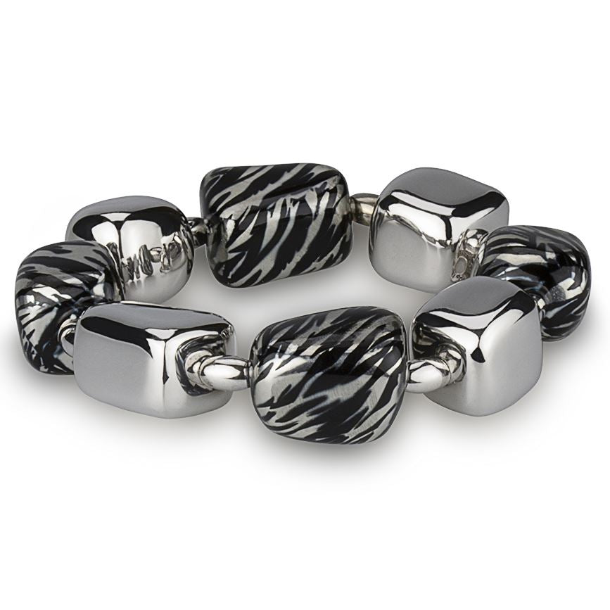 Bracciale in argento elasticizzato a pepite smaltato  effetto zebrato