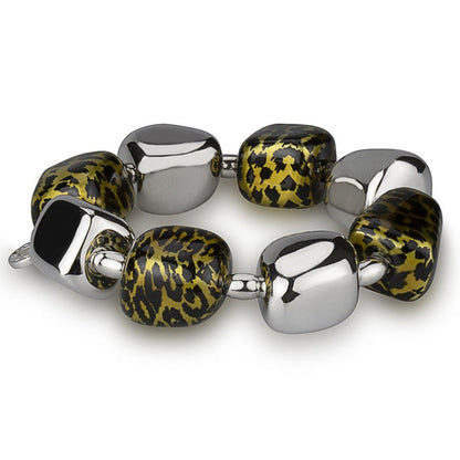 Stretch silver bracelet with leopard-effect enamel nuggets