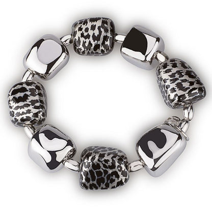 Stretch silver bracelet with grey leopard-effect enamel nuggets