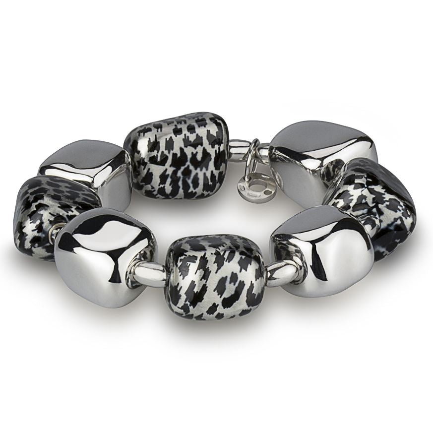 Bracciale in argento elasticizzato a pepite smaltati  effetto leopardato grigio