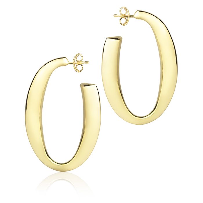 18k yellow gold oval earrings, triangular section, length 40mm