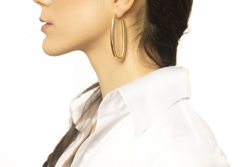 18k yellow gold oval earrings, round section, length 70mm