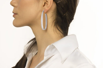 Orecchini ovali in oro Bianco 18k sezione quadrata lunghezza 65mm