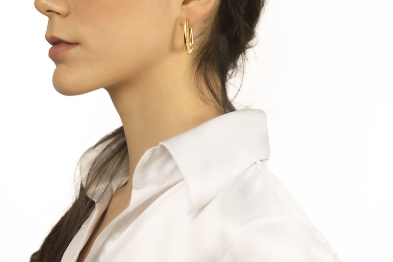 18k yellow gold oval earrings, round section, length 30mm