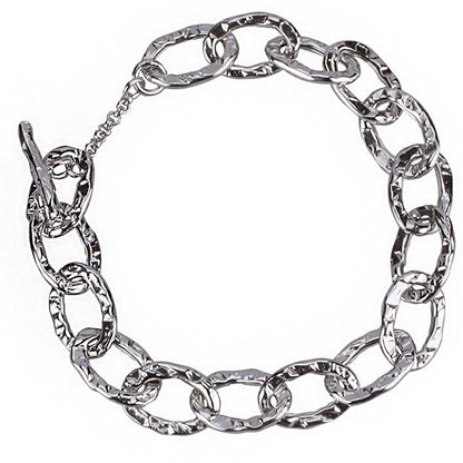 Hammered chain bracelet with oval links in silver