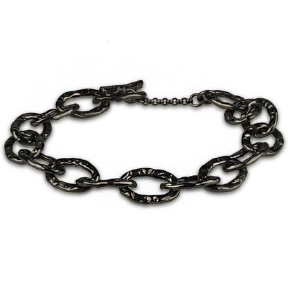 Hammered chain bracelet with oval links in ruthenium silver