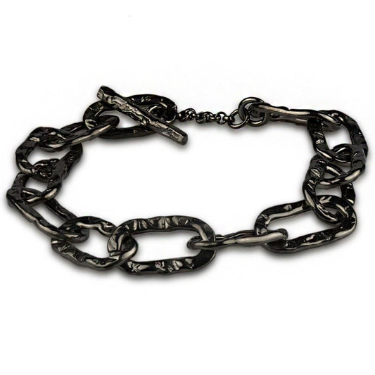 Bracciale a catena martellata con maglie rettangolari in argento rutenio