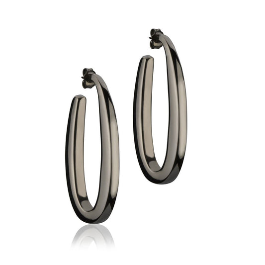 Oval earrings in ruthenium silver, square section, length 45mm