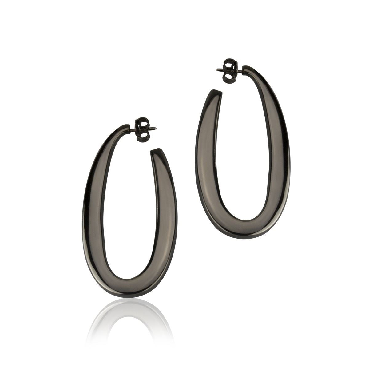 Orecchini ovali in argento rutenio sezione quadra lunghezza 45mm