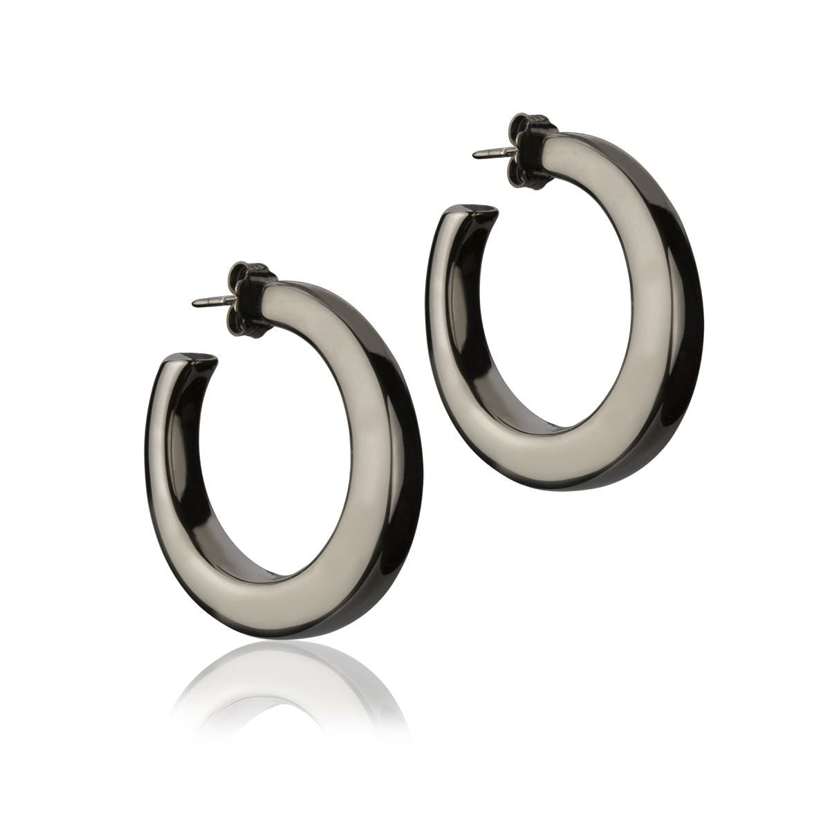 Orecchini a cerchio in argento rutenio sezione quadrata diametro 30mm