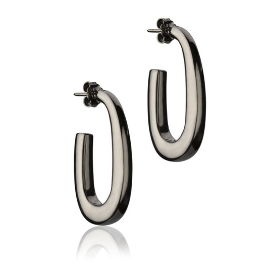 Oval earrings in ruthenium silver, square section, length 35mm