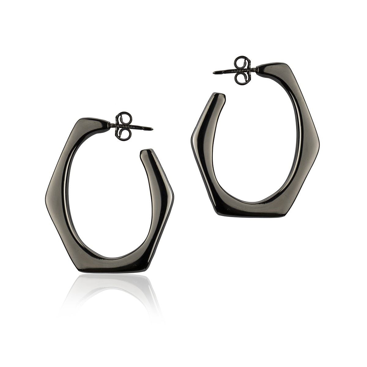 Orecchini esagonali in argento rutenio larghezza 30 mm